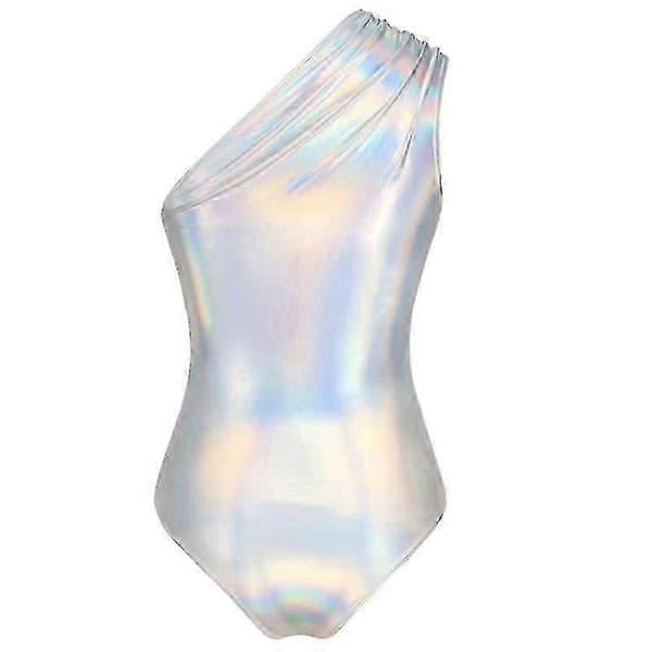 【BQ】Dame metallisk flydende one shoulder bodysuit leotard top Silver M