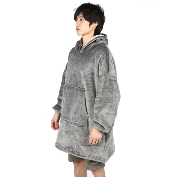 Oversized Fleecepledd-hettegenser med lomme, varm flanell, one size, grå