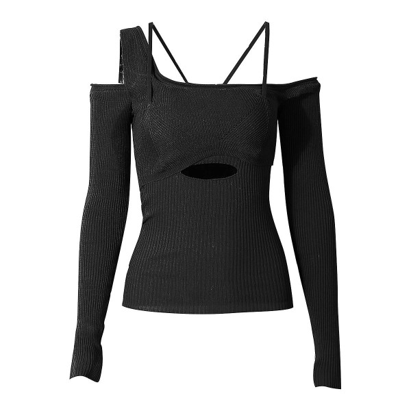 2023 Asymmetrisk fulde ærmer Firkantet strikning Elastisk patchwork Rygløst Sexet kvindetøj Modetrøje Slank Black S