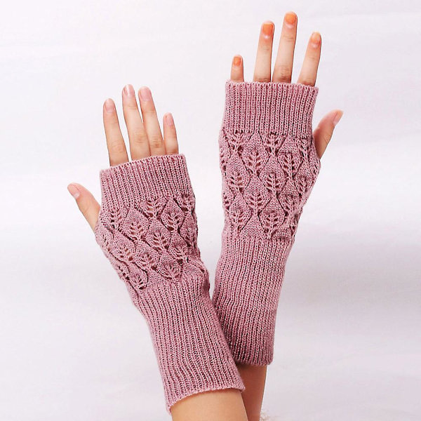 Kvinders lange håndbroderede handsker strikket varm til vinteren Fingerløs sort Pink