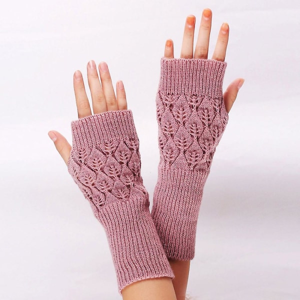 Kvinnors långa handbroderade handskar stickade varm för vintern Fingerless Black Pink