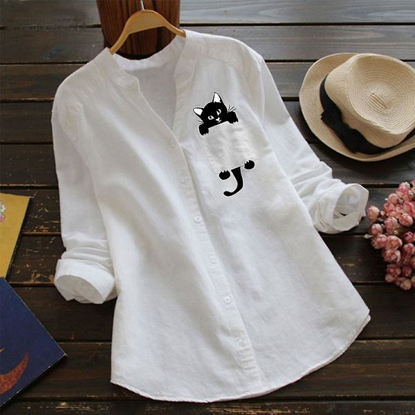 Damskjorta Printed ficka bomull Linne blus V-hals Casual långärmad skjorta Button Down Top Kläder White M