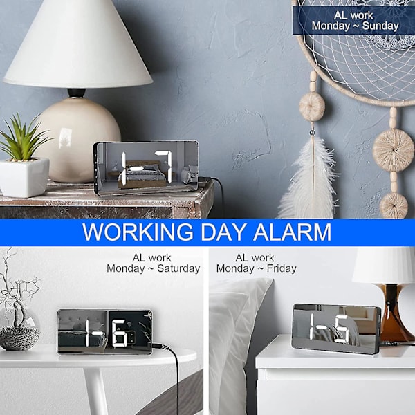 ny stil Digital Alarm Clock Large Mirrored Led Clock Snooze Function Dimming Mode Beside Clock For Bedroom Decor -black