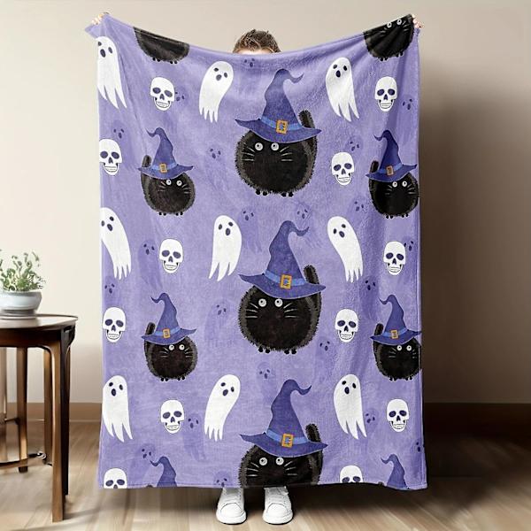Rosa og vit spökfilt, halloween spökfilt, spökmønster flanellkastfilt, mysig filt for bäddsoffa Heminredning Cats and Ghosts 150x130cm
