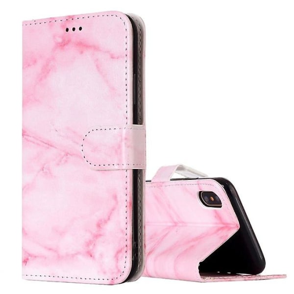 Iphone X:lle vaaleanpunainen marmorikuvioinen vaakasuora käännettävä case pidikkeellä ja korttipaikalla ja lompakolla