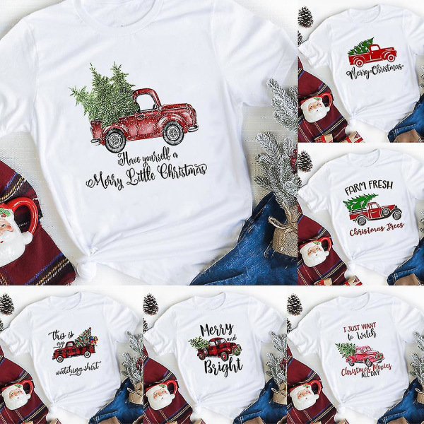Merry Christmas Plaid Tree Print T-paita Muotikuvio Naisten Top T-paita Naisten Kawaii T-paita Naisten Joulu T-paita Harajuku L FS80-FSTWH- L FS80-FSTWH-