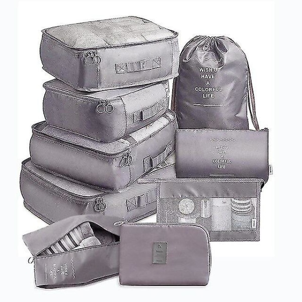 Rejsearrangørsæt, 9 stykker, bærbare bagagetasker, ideel til opbevaring af sko og tøj i din kuffert Gray 9-piece set