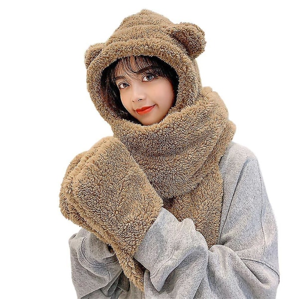 Kvinner 3 i 1 fleece søt bjørn hette skjerf lue hanske myk myk vinter varm jente Brown