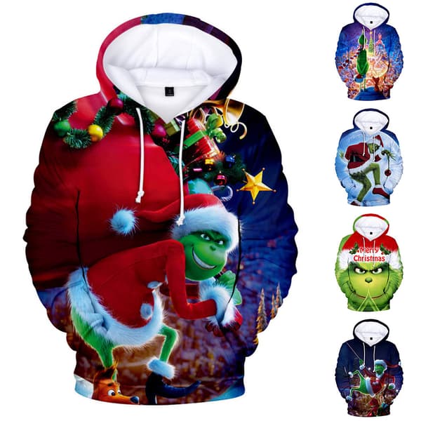 【BQ】Grinch hettegenser for menn 3D-trykt genser Julehettegensere B-FF- B B 2XL