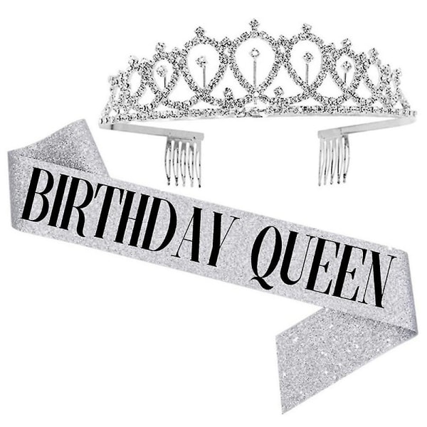 Kvinder Pige Tillykke med fødselsdagen Tilbehør Skulder Sash Crystal Crown Party Pandebånd Sæt One Size Silver QUEEN