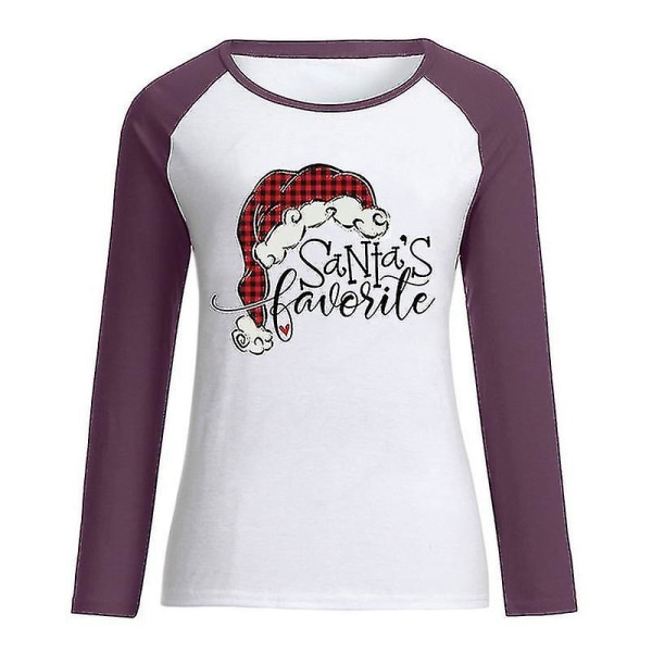 Hhcx-kvinner Christmas Santa Print T-skjorte Bluse Basic Top Tee Shirt Purple 4XL