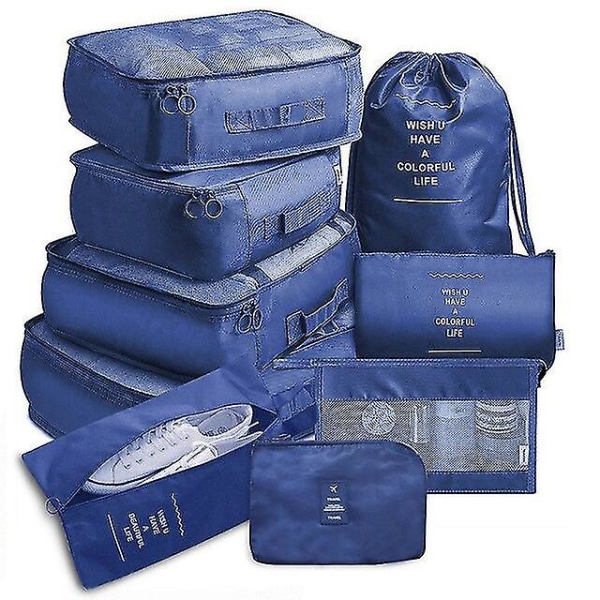 Reiseorganisatorsett, 9 deler, bærbare bagasjeposer, ideell for oppbevaring av sko og klær i kofferten Navy 9pcs