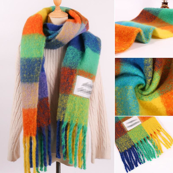 Vinter förlängd färgmatchande scarf regnbåge rutig scarf sjal Green gray 40*250cm