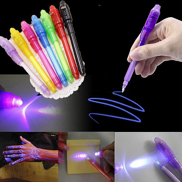 2 stk usynlig blekkpenn spionpenn med UV-lys Magic Marker barnepenner for hemmelig melding og fest
