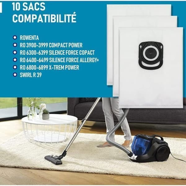 Dammsugarpåsar - 10-pack - Kompatibel med Rowenta Hygiene+ - Compact Power - Power XXL - Silence Force