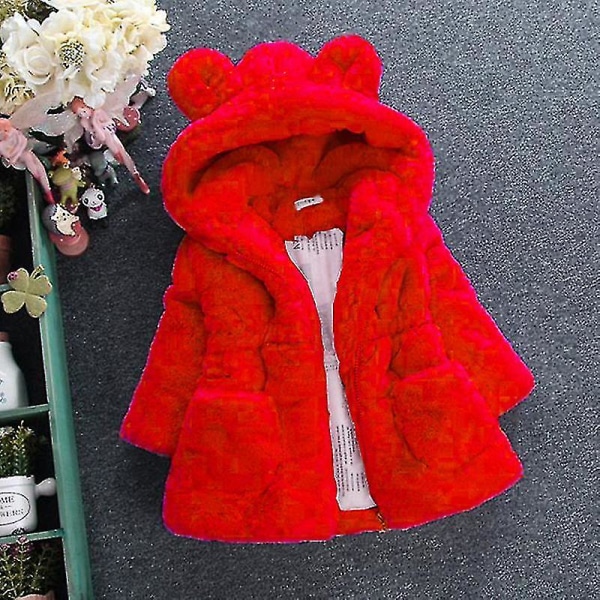 Hhcx-kid pige Fluffy imiteret pels hættefrakke fleecejakke Vinter varmt outwear Red 8-9 Years