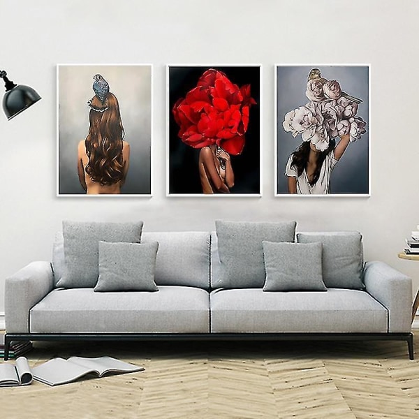 Blomst, fjer, kvinde abstrakt - lærred maleri vægkunst A4 21x30 cm uden ramme A4 21x30cm No Frame