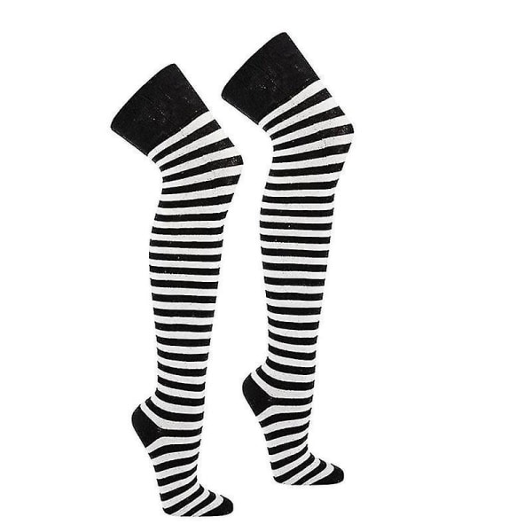 Sort og hvid stribede lårhøje sokker til kvinder