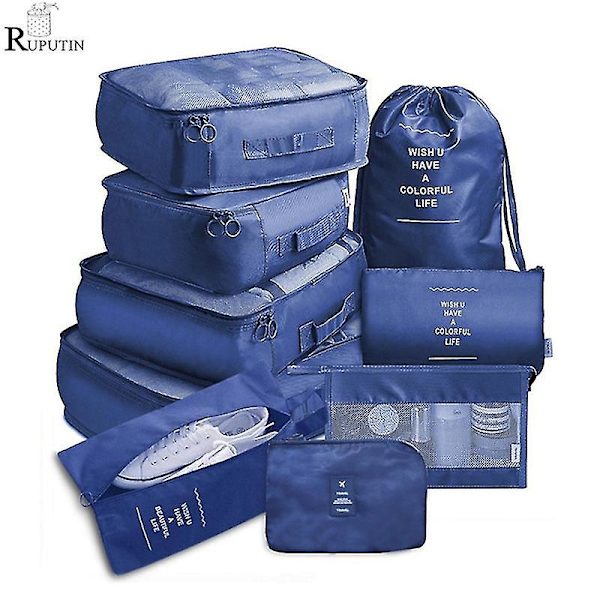Organizer , 9 delar, bärbara bagageväskor , perfekt för förvaring av skor och kläder i set resväska Sky blue 9-piece set