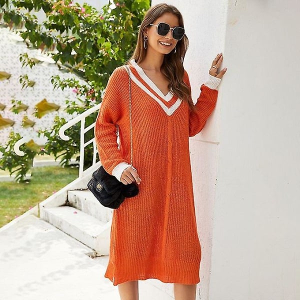 Lang Sektion Stribet V-hals Pullover Strikket Sweater Kjole Løs - Orange XL