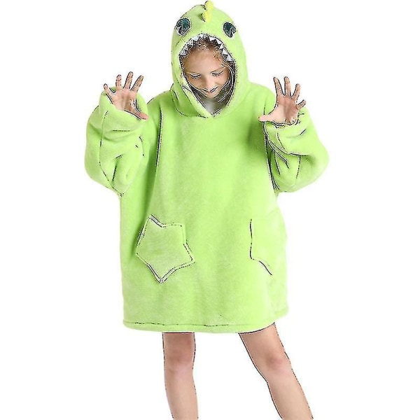 Luvtröja Filt Barn Oversized flicka Mjuk tröja Varm fleece bärbar tröja ~ Green dinosaur