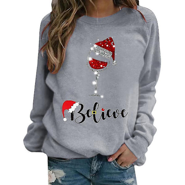 Jul Kvinder Langærmet T-shirt Xmas Print Casual Løse Toppe Bluse Grey L