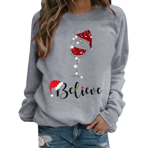 Jul Kvinder Langærmet T-shirt Xmas Print Casual Løse Toppe Bluse Grey M