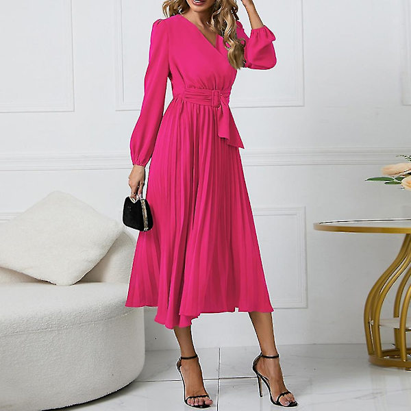 Elegant långärmad midiklänning för kvinnor med bälte för bröllopsgästkontorsklänningar för fest Pink S