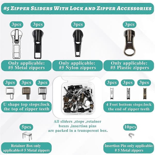 Zipper Repair Kit, 5 Zipper Replacement Slider Kits, Zipper Pulls Zipper Head Bottom Stops and Top Stops Fix Zipper on