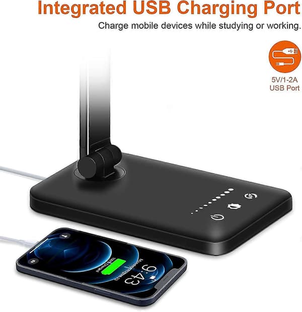 10-Lysstyrke 5-Modus LED Skrivebordslampe – USB Øyepleie Timer Sammenleggbar