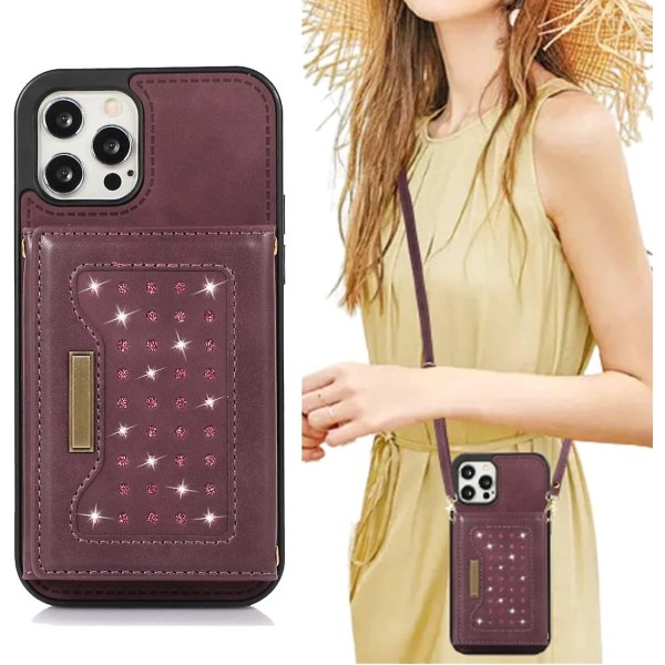 Iphone 13 Crossbody Telefonväska Pu Läder Diamond Bling Plånbok Flip Vikbart bakstycke med korthållare Lång rem Iphone 13 Silikon Innerskal