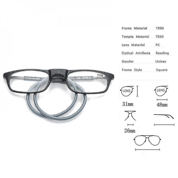 Läsglasögon Högkvalitativa Tr Magnetic Absorption Hanging Neck Funky Readers Glasögon Grey 3.25 Magnification