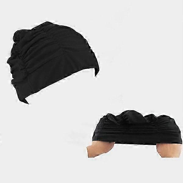 Plisserad badmössa för kvinnor, långt hår, elastisk badmössa, strandsurfing, duschmössa (svart)