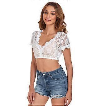 Dirndlbluse for damer - Kortermet blondebluse tradisjonell drakt - Elegant halvarmet bluse - Størrelser 34 - 42 (42 Hvit kortermet)