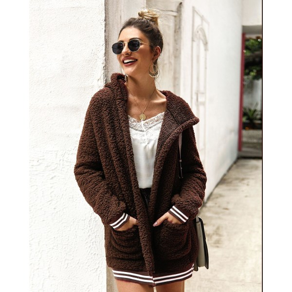 Dameoversize fleece plysjjakke Langermet cardigan Outwear Teddy-jakke Brown M