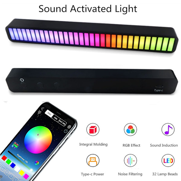 Stemmeaktiveret pickup rytmelys Farverig lydkontrol Ambient lys med 32 bit musikniveauindikator til bil Black