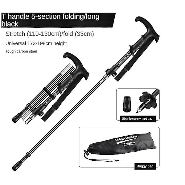 Sammenklappelige vandrestave i aluminium med hurtiglåsesystem, sammenfoldelige, teleskopiske, ultralette til seniorvandring, rygsæk, vandreture T handle long black