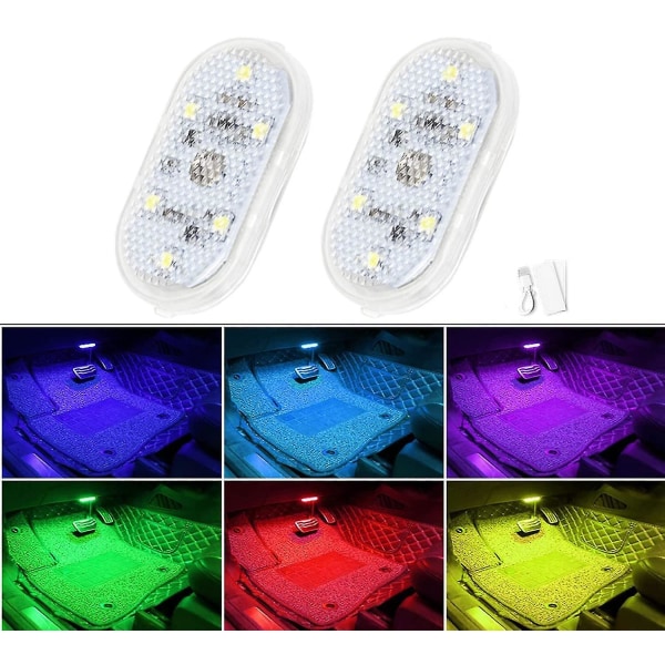 2 st LED-lampor för bil interiör, 7 färger led interiör Billampor med 6 ljusa led lamppärlor, , USB uppladdningsbar belysningslampa (7 färgade lampor)