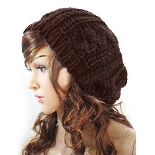 Hhcx-kvinner Vinter Varm Strikket Tykk Hekle Slouch Stretch Dame Beanie Varm Lue Brown