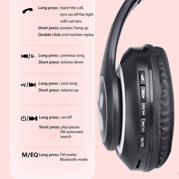 Trådløse hodetelefoner Cat Ear Led Light Up Bluetooth sammenleggbare hodetelefoner over øret med mikrofon for nettbasert fjernlæring