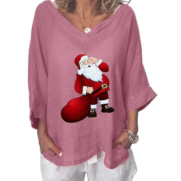 Hhcx-women Christmas T-shirt Xmas Plus Size Tunic Top Blouse Pink XL