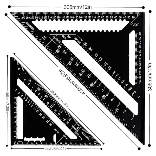 2-pack triangellinjal, 7-tums och 12-tums triangellinjal, fyrkantig gradskiva, triangellinjal i aluminiumlegering med hög precision