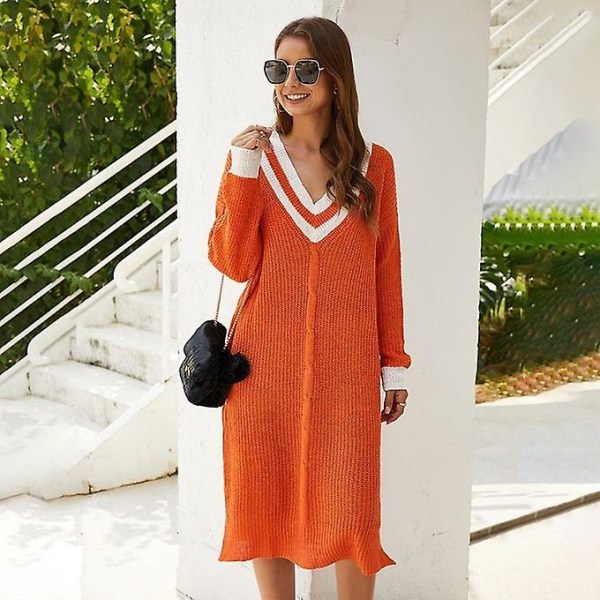 Lang Sektion Stribet V-hals Pullover Strikket Sweater Kjole Løs - Orange XL