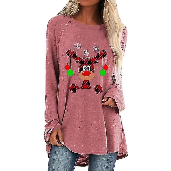 Hhcx-christmas Xmas Reindeer Print Women T-shirt Blouse Longline Top Pink XL