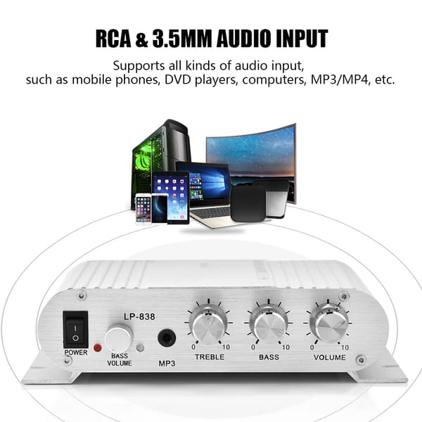 Sølv Mini HiFi 2.1 Stereo Bas Forstærker