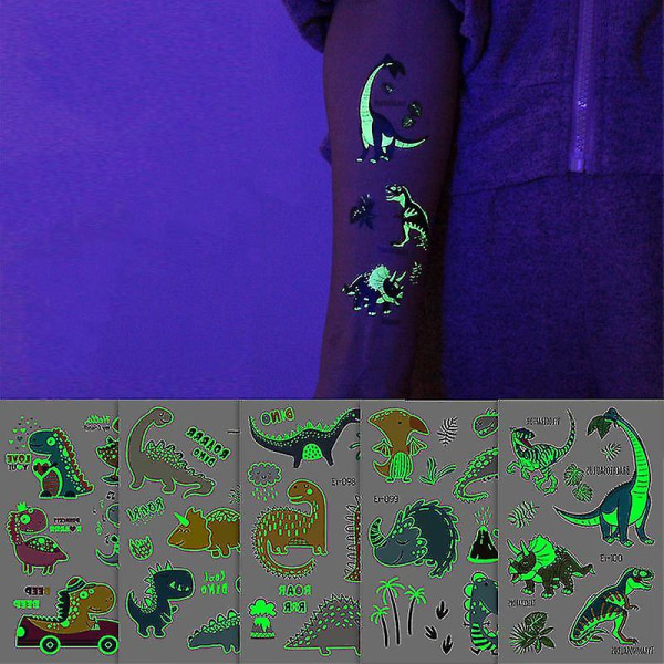 Lysande Dino-dekorationer 20 ark Glow Dinosaurie Tillfälliga tatueringar för festtillbehör Spel Pojkar Flickor Barn Födelsedagspresenter 90 90