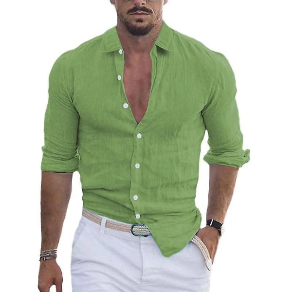 Herr bomull Linne Lapel Beach Shirt grön S