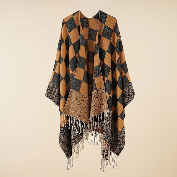 Gradient rutig sjal med cape höst- och vinterfilt varm fransad sjal orange 160*128cm