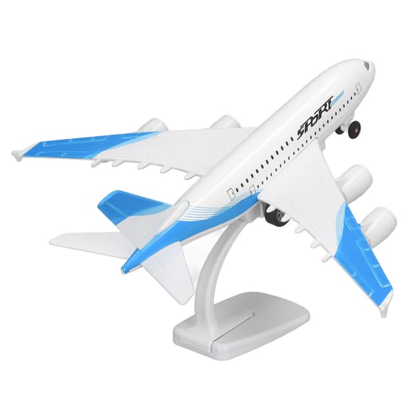 Flymodell i legering, 5 lys, passasjerflyleke med displaystativ, blå