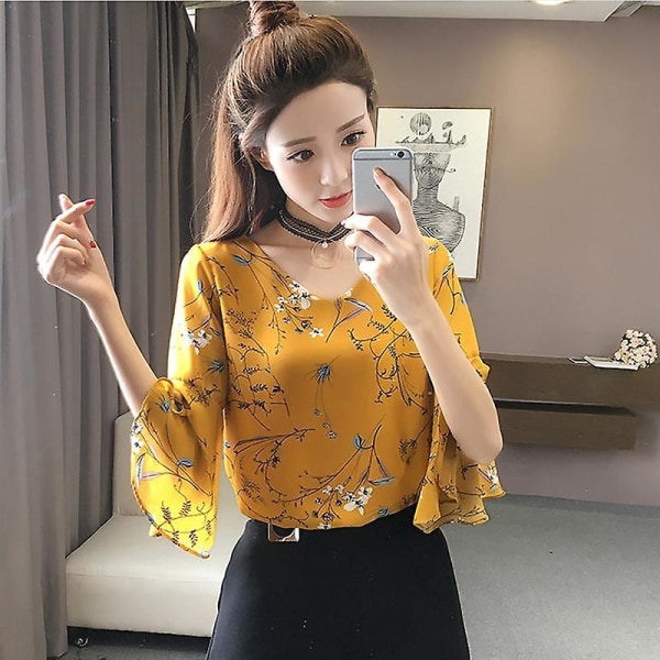 Kvinder Blomsterskjorte Lille V-hals Kvindebluser Koreansk Sød Blomster Flæsede Sommerfugleærmer Chiffon Toppe XL Blå XL Blue
